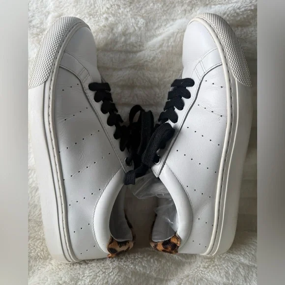 Women’s J Crew White Leather Sneakers w/ Leopard Accent “Saturday Sneakers” Sz 7 - Picture 4 of 7